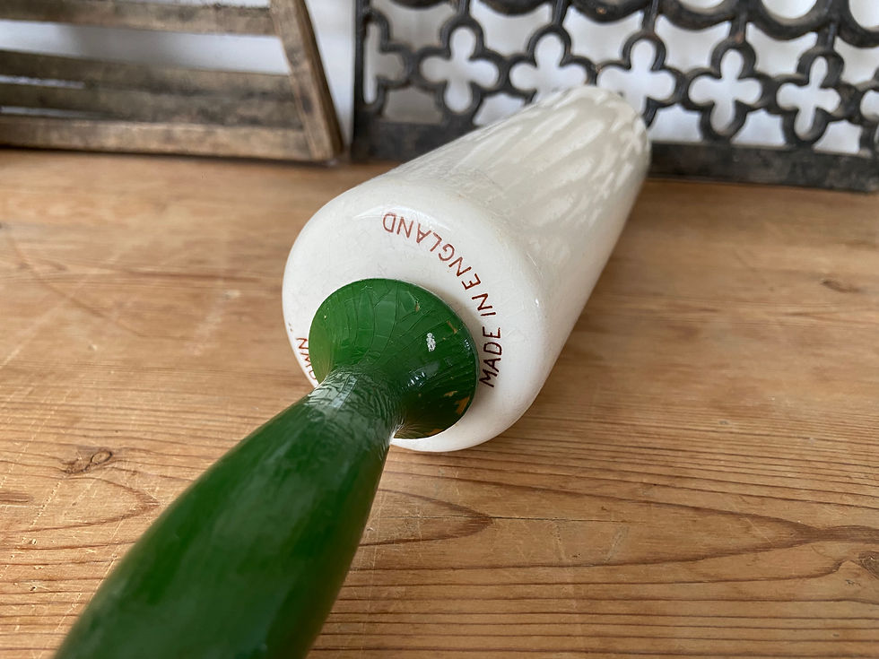 Thumbnail: Nutbrown ironstone rolling pin with green handles