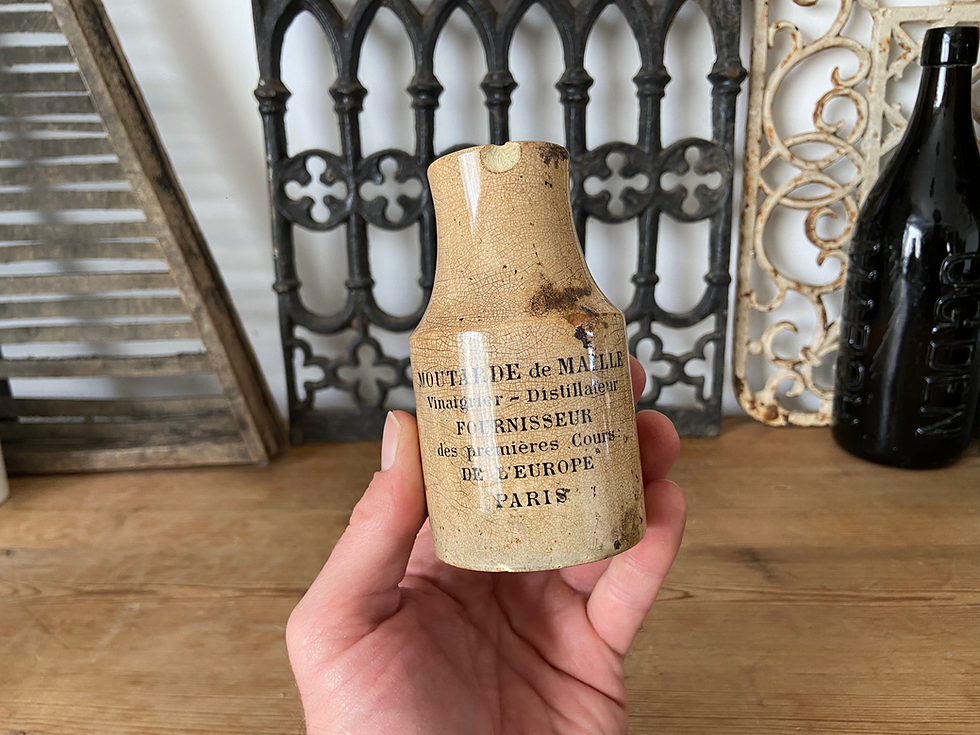 Thumbnail: Antique stained French ironstone Moutarde de Maille pot