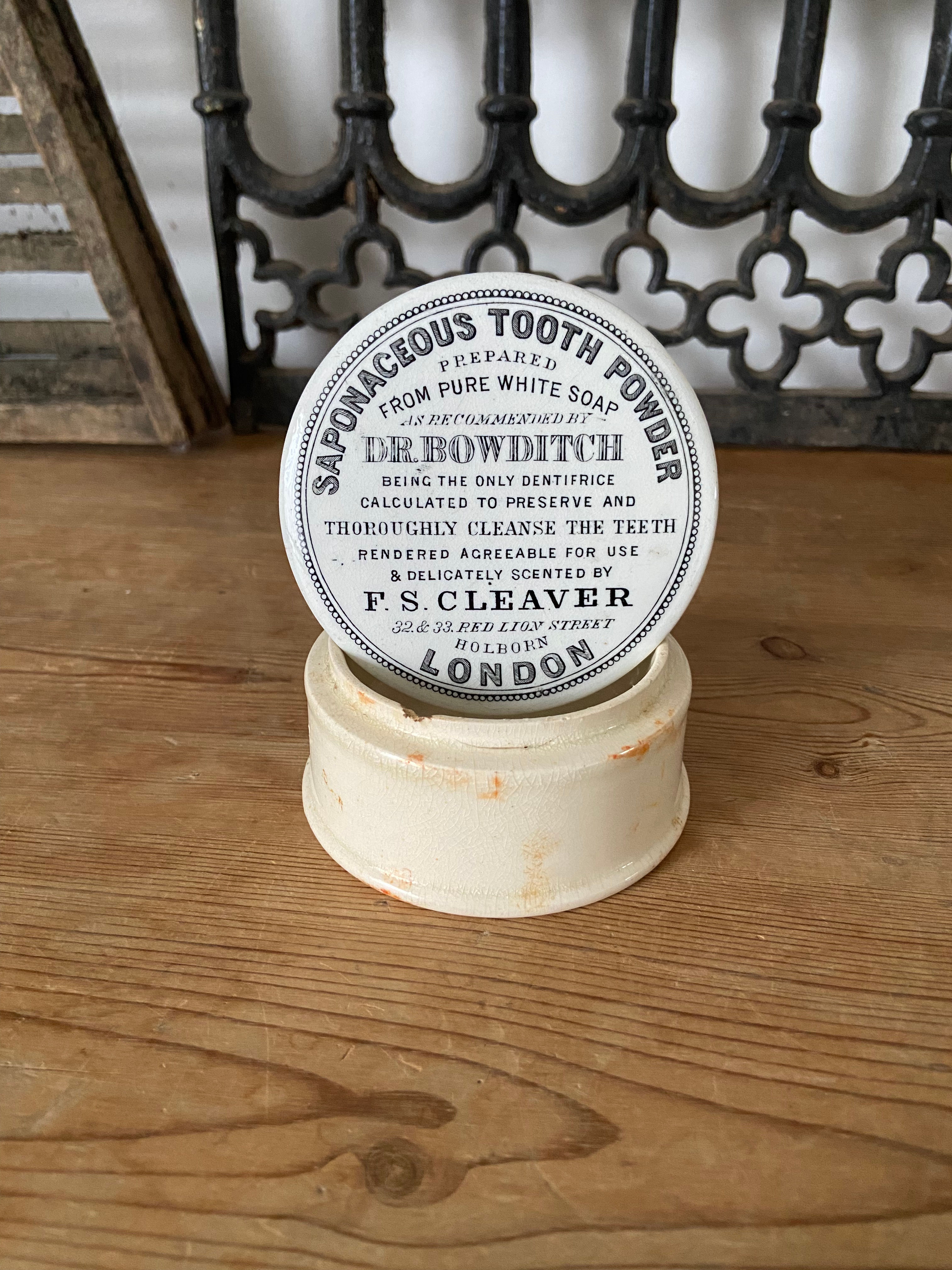 Antique Saponaceous Tooth Powder pot lid - F.S. Cleaver