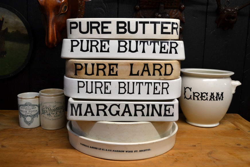 White ironstone Edwardian Pure Butter, Pure Lard, Margarine, Parnall grocers display slabs. Butchers display platters.
