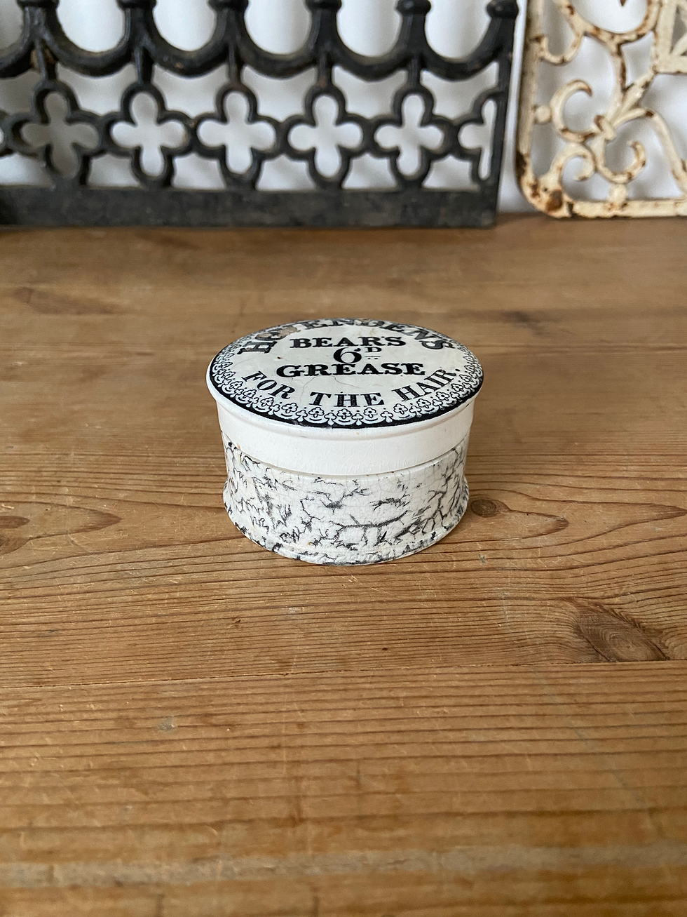 Thumbnail: Victorian Hovendens Bears Grease ironstone pot lid and base