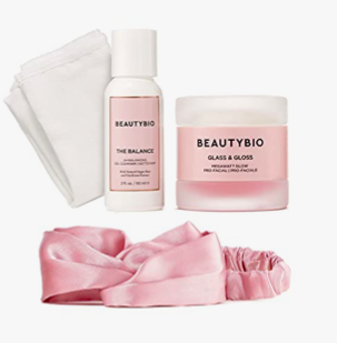 BeautyBio At Home Spa Facial For Glossy Smooth Skin. The Balance, Glass and Gloss, Exfoliating Cloth and Headband