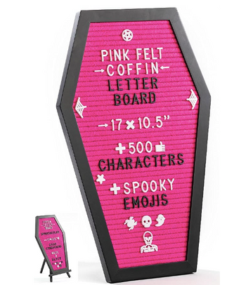 Coffin Letter Board Pink With Spooky Emojis +500 Characters, and Wooden Stand. Pink Halloween Decor