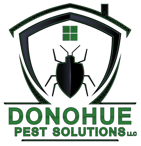 Donohue Pest Solutions logo of a bug inside a home shield