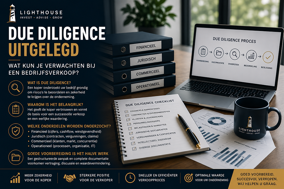 Infographic over due diligence met laptop, binders, checklist en grafieken op bureau; tekst over proces bij bedrijfsverkoop.