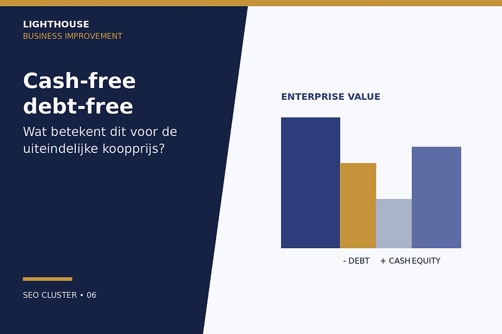 Lighthouse infographic over cash-free debt-free en de bridge naar equity value.