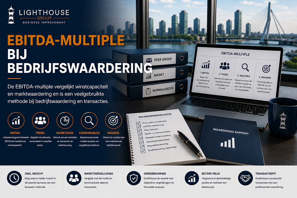 Lighthouse infographic over de EBITDA-multiple bij bedrijfswaardering en marktvergelijking.