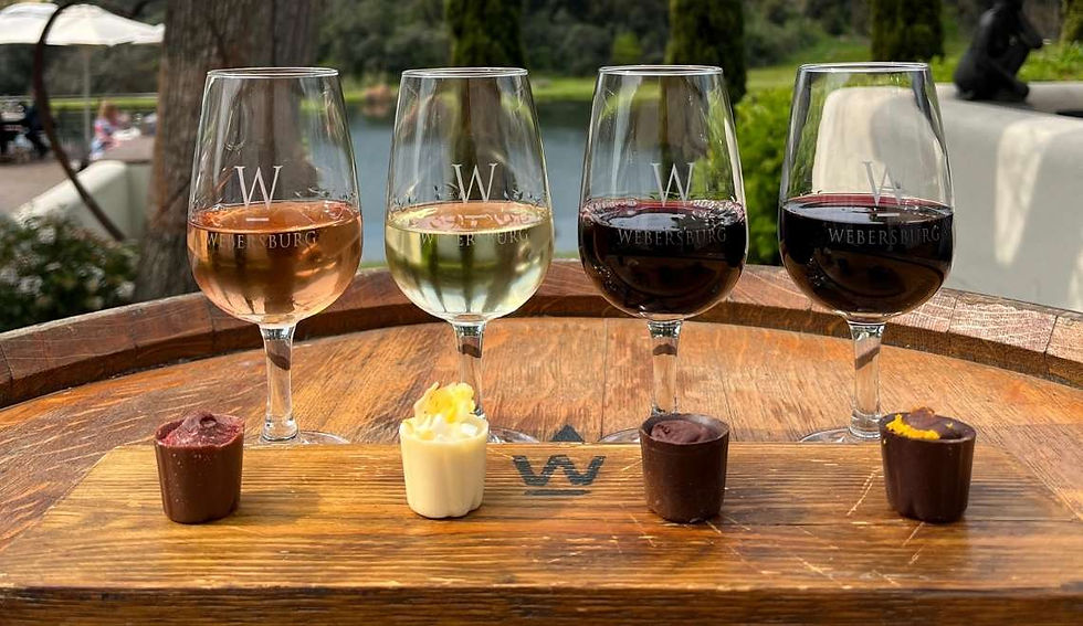 Image showing four wines of Webersburg Wine Estate paired with four different chocolates.