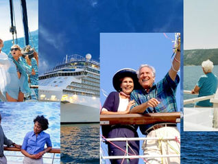 Image of senior citizens enjoying themselves on board a cruise ship with a cruise ship image projected in the background.