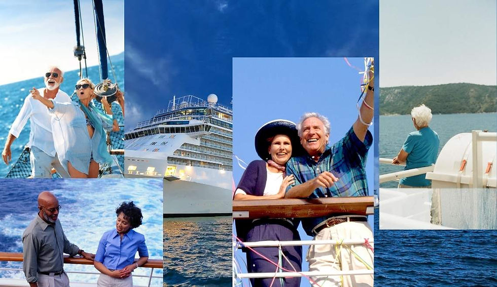 Image of senior citizens enjoying themselves on board a cruise ship with a cruise ship image projected in the background.
