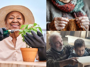 Three images combined:  the first showing an elderly lady doing gardening, second showing an elderly lady knitting and third showing an elderly gentleman doing woodwork with his grandson.