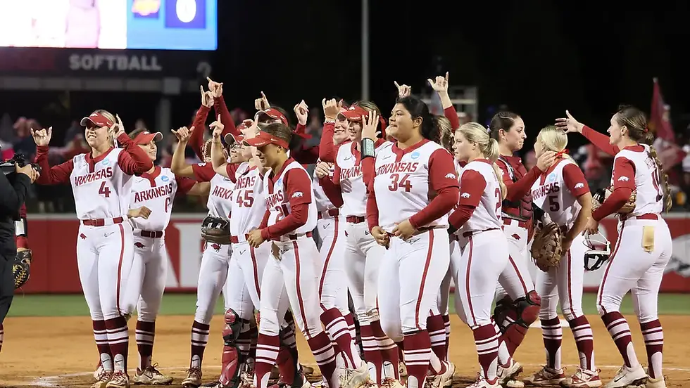May 18, 2025; Fayetteville, AR, USA; Arkansas Razorbacks players celebrate after the end of the game against the Oklahoma State Cowgirls at Bogle Park. Mandatory Credit: Nelson Chenault-Imagn Images | Nelson Chenault-Imagn Images