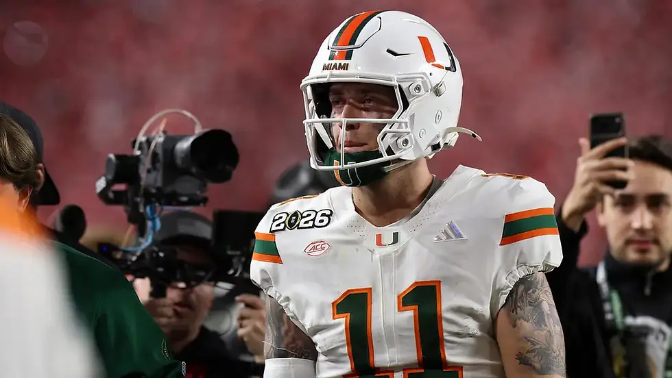 Jan 19, 2026; Miami Gardens, FL, USA; Miami Hurricanes quarterback Carson Beck (11) reacts after the College Football Playoff National Championship game at Hard Rock Stadium. Mandatory Credit: Nathan Ray Seebeck-Imagn Images | Nathan Ray Seebeck-Imagn Images