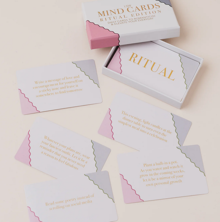 LSW London Mind Cards Ritual Edition box and ritual prompt cards in pink, white and grey packaging.