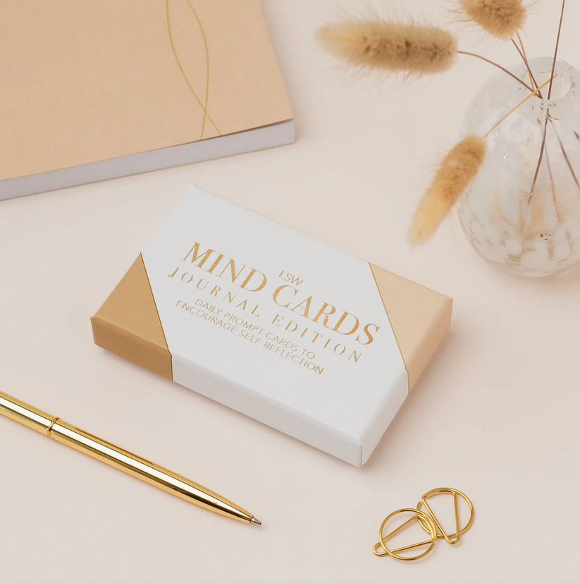 LSW London Mind Cards Journal Edition box and self-reflection prompt cards in white, cream and gold.