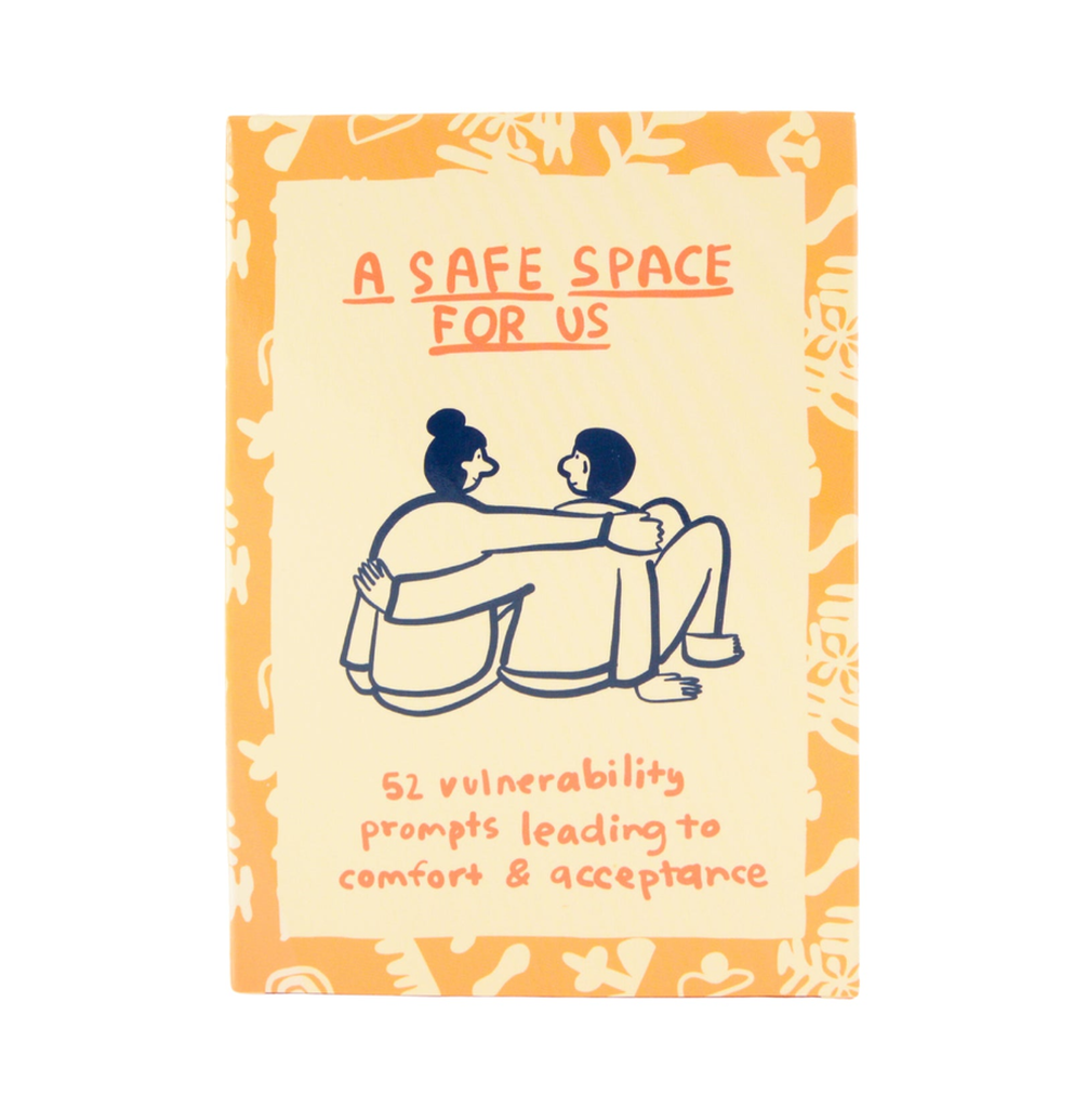 A Safe Space For Us relationship card deck by People I’ve Loved with colourful patterned cards and vulnerability prompts for