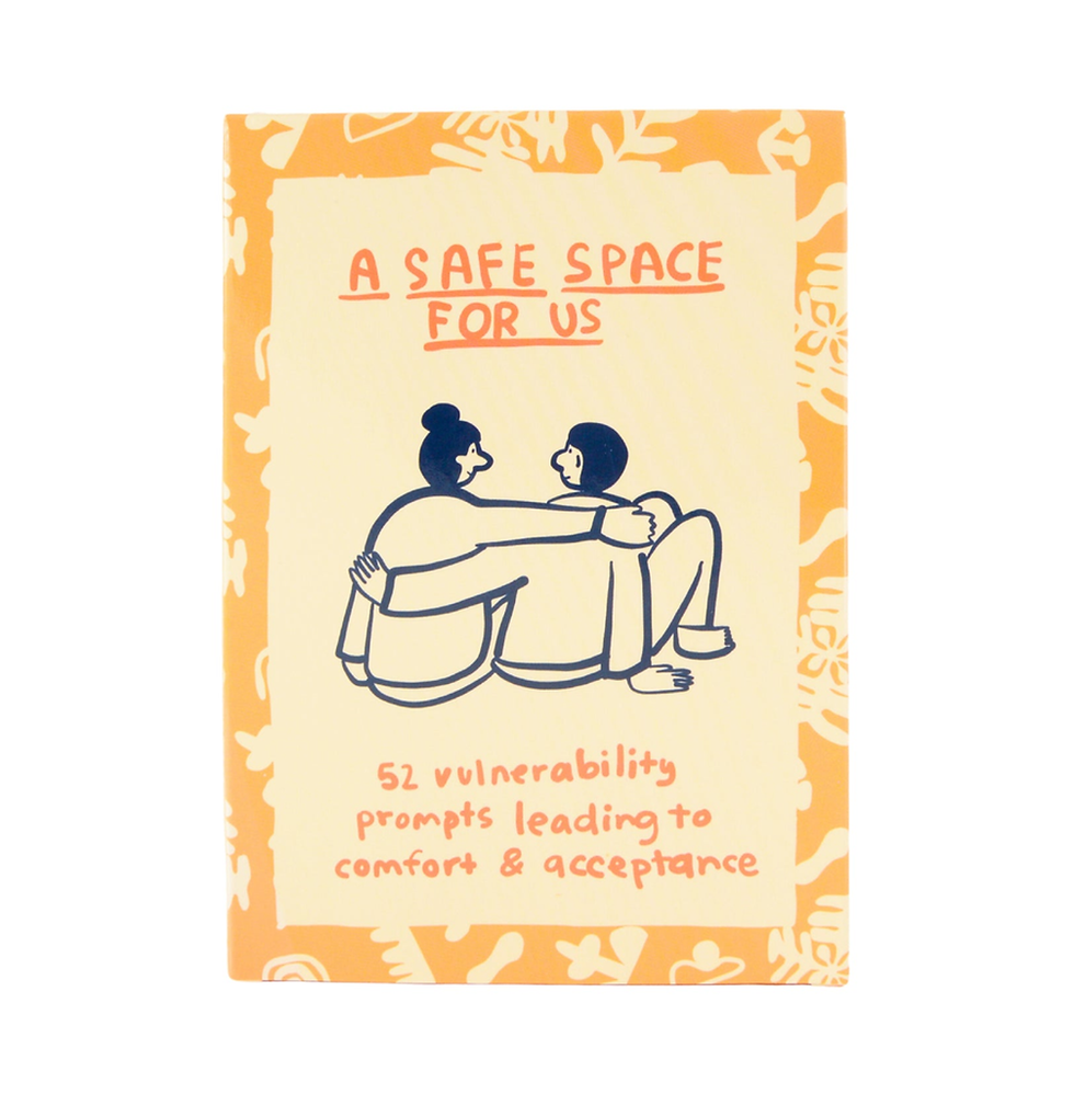 A Safe Space For Us relationship card deck by People I’ve Loved with colourful patterned cards and vulnerability prompts for