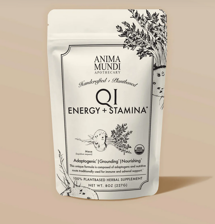 bag of qi energy and stamina powder from anima mundi. white bag and black text