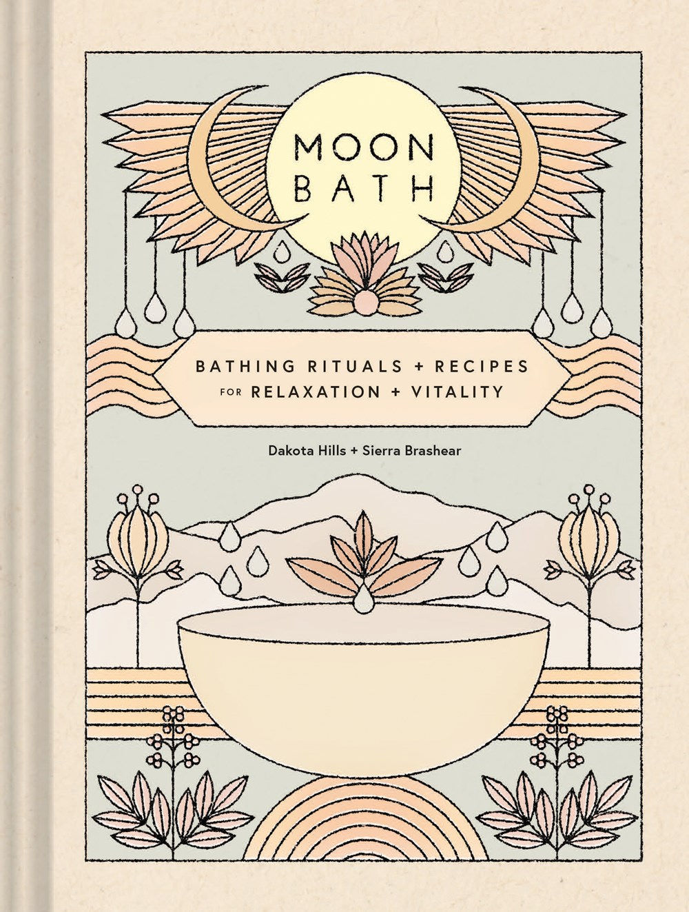 Cream Moon Bath hardcover with peach, black and gold botanical line illustrations and a bath bowl on the cover.