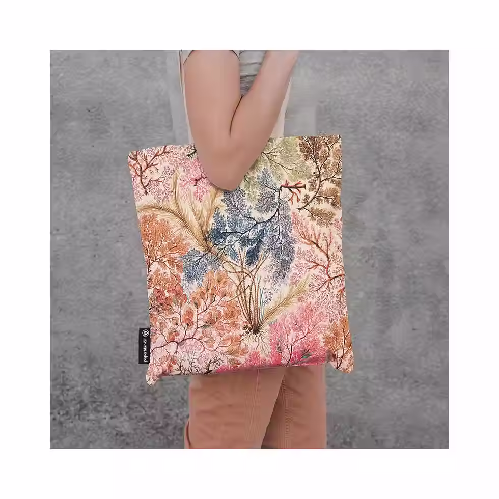Paperblanks Anemone cotton tote bag with an intricate coral, pink, rust, blue and green seaweed-inspired pattern