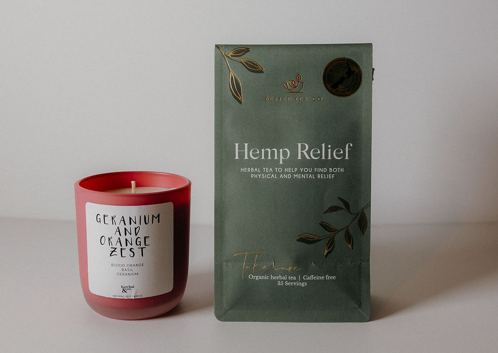 Thumbnail: soy wax candle and herbal compostable loose leaf tea pouch