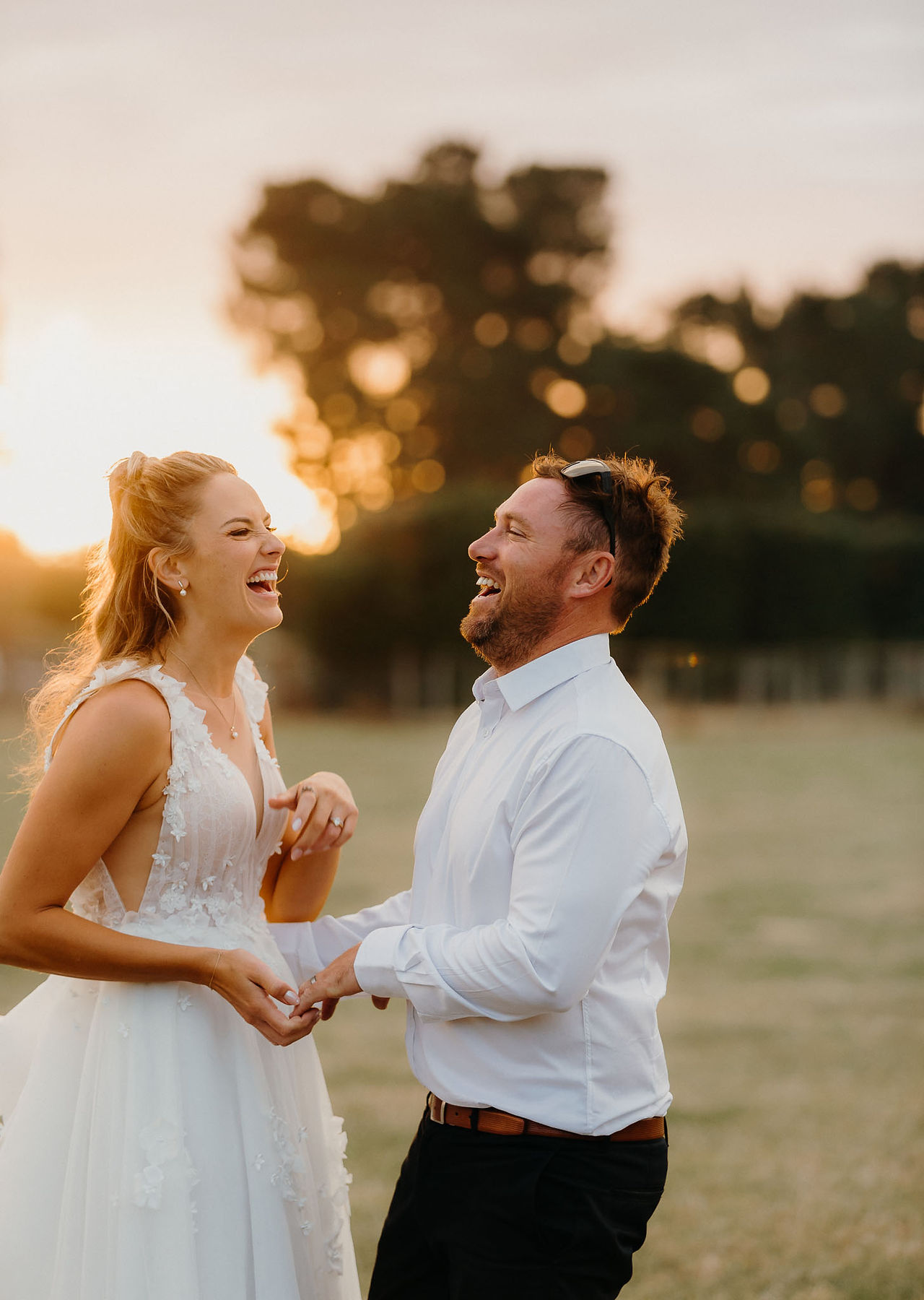 Bride and groom during sunset wedding photos in North Canterbury