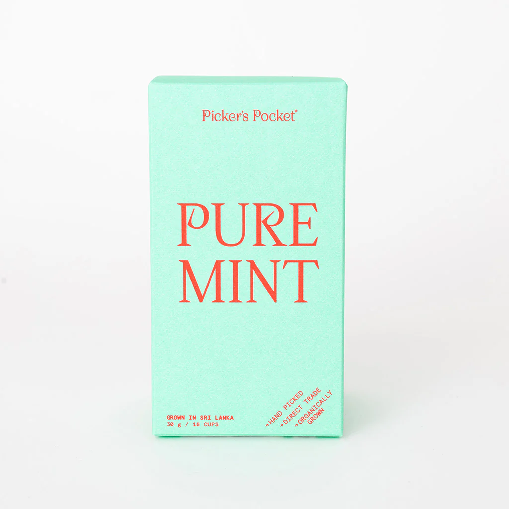A box of Picker’s Pocket Pure Mint tea with red and green text on a pastel mint-colored background.