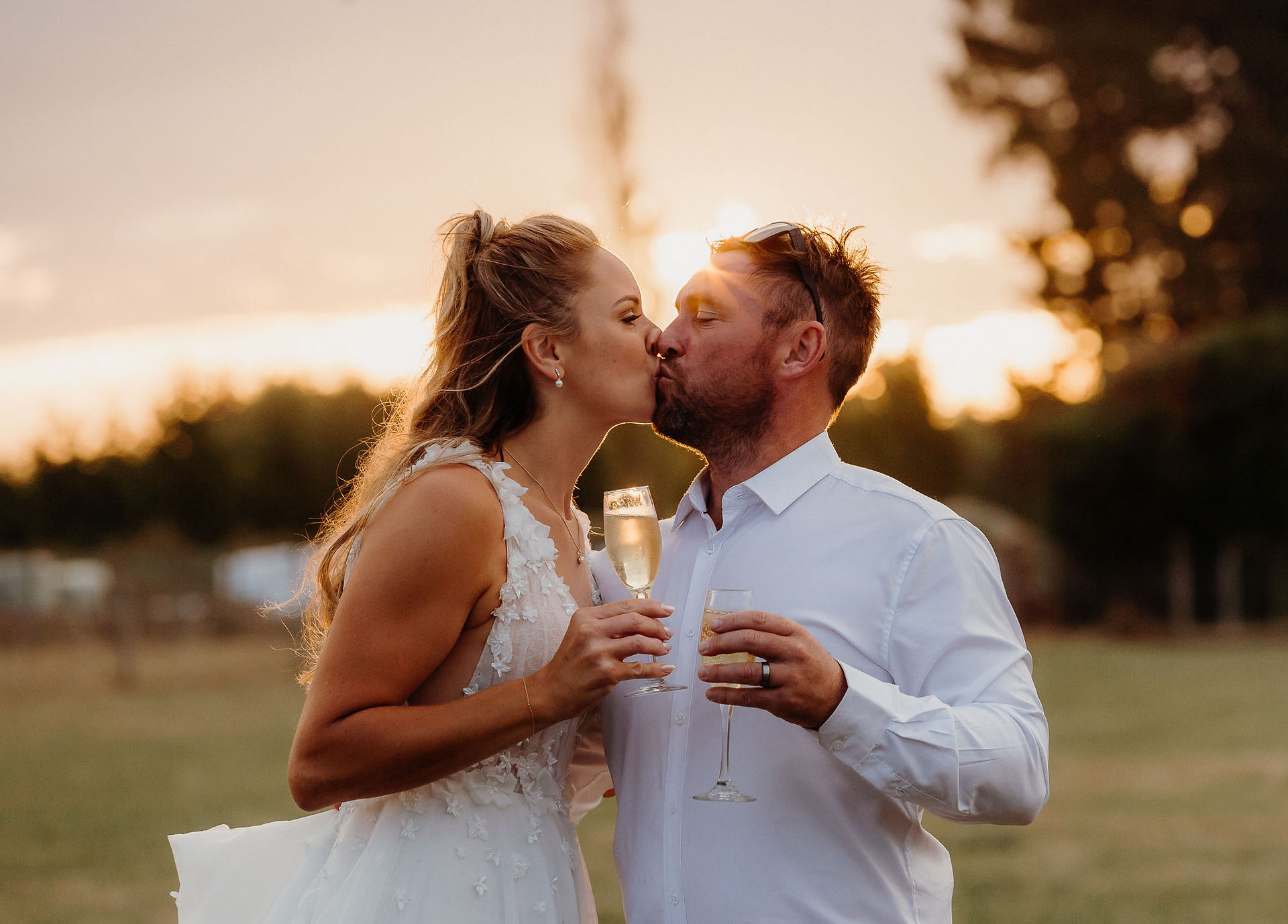 Bride and groom during sunset wedding photos in North Canterbury