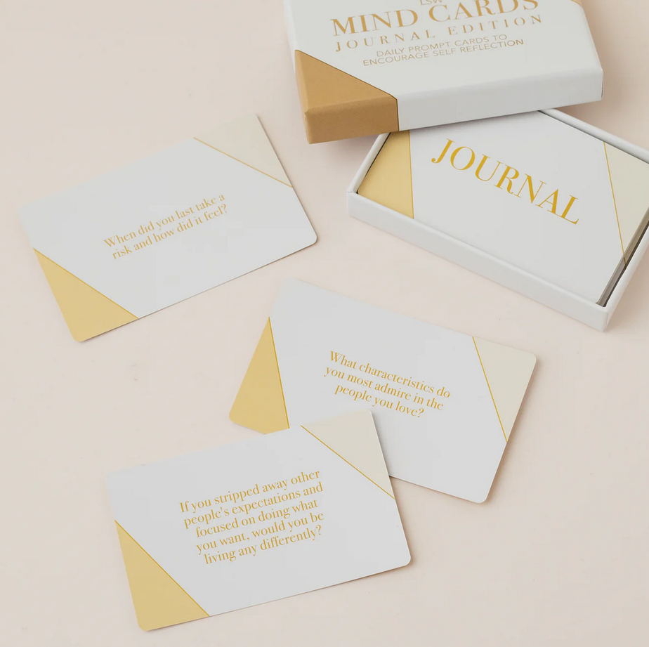 Thumbnail: LSW London Mind Cards Journal Edition box and self-reflection prompt cards in white, cream and gold.