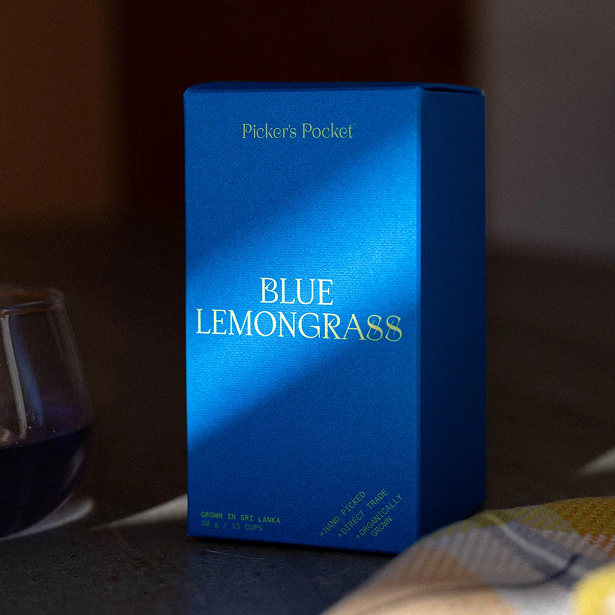 Thumbnail: A box of Picker’s Pocket Blue Lemongrass tea with green text on a blue background packaged box.