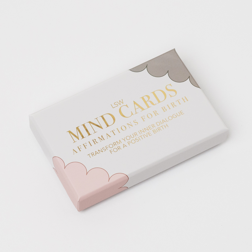 LSW London Mind Cards Affirmations for Birth box with pastel affirmation cards featuring positive birth messages in gold lett