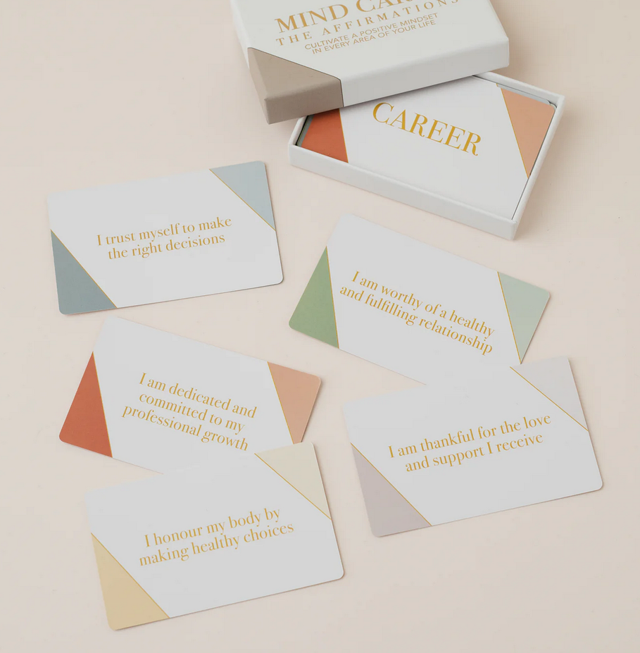 LSW London Mind Cards The Affirmations box with positive affirmation cards in soft neutral colours and gold lettering.