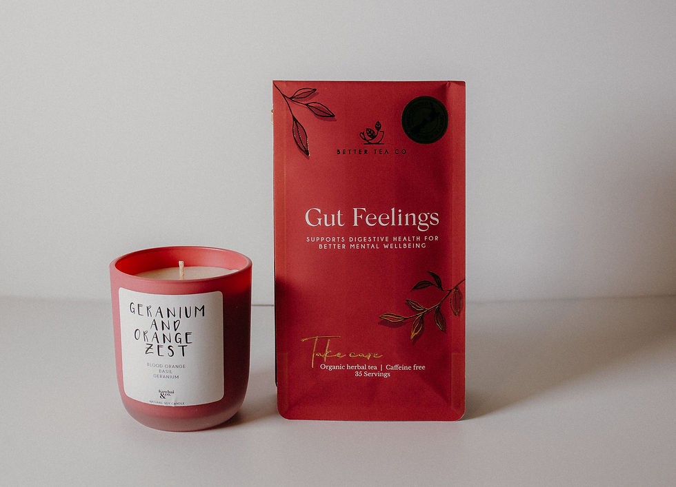 Thumbnail: soy wax candle and herbal compostable loose leaf tea pouch