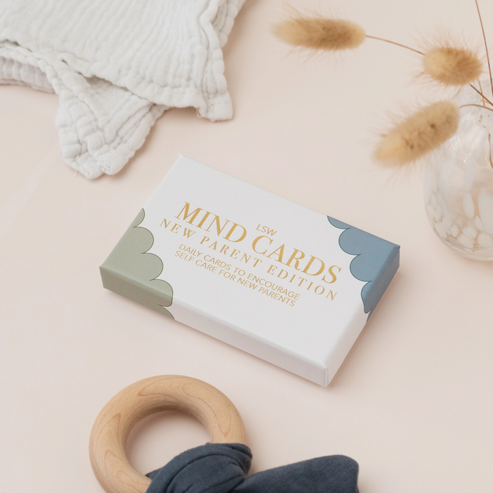 LSW London Mind Cards New Parent Edition box with pastel self-care, ritual, gratitude and affirmation cards for new parents.