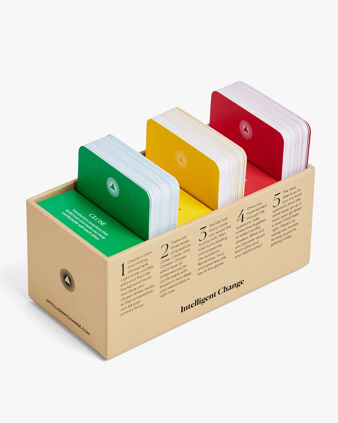 Thumbnail: beige box of colourful prompt cards from conversation game lets get closer - family edition