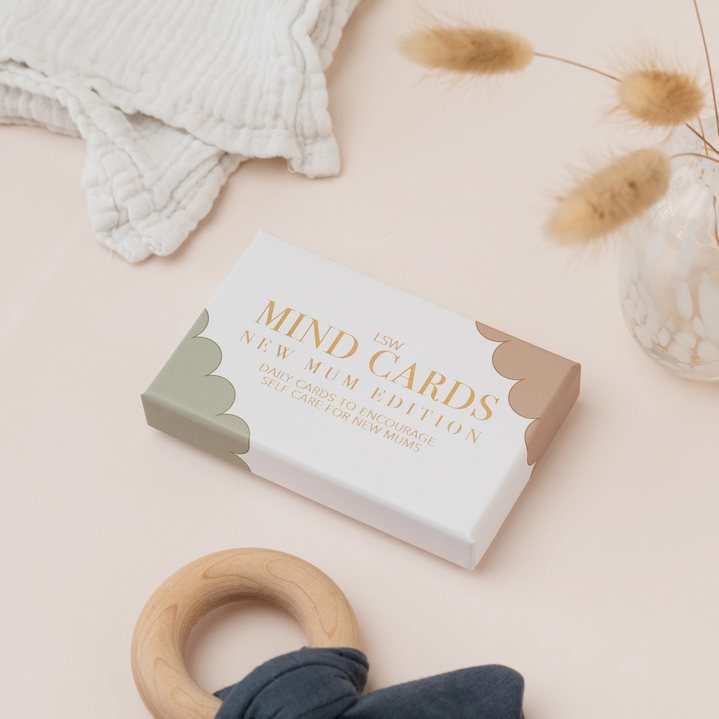 Thumbnail: LSW London Mind Cards New Mum Edition box with pastel self-care, gratitude, affirmation and journal cards for new mums.