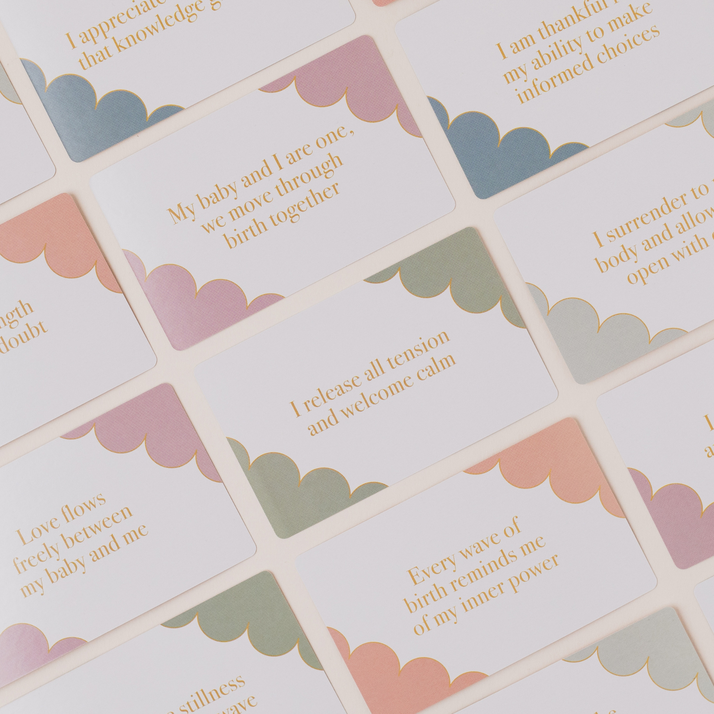 LSW London Mind Cards Affirmations for Birth box with pastel affirmation cards featuring positive birth messages in gold lett