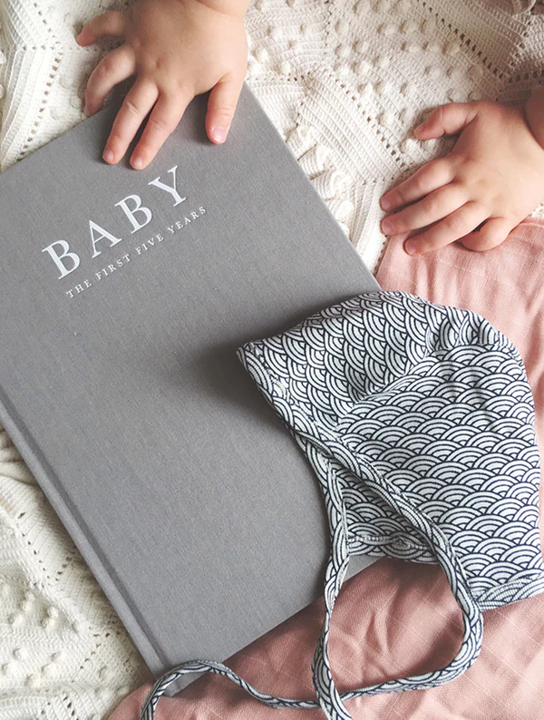 Thumbnail: baby birth to five years linen covered journal in pink, grey and blue