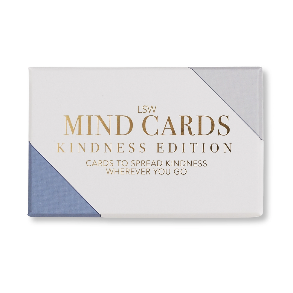 LSW London Mind Cards Kindness Edition box with blue, white and gold kindness cards featuring uplifting messages.