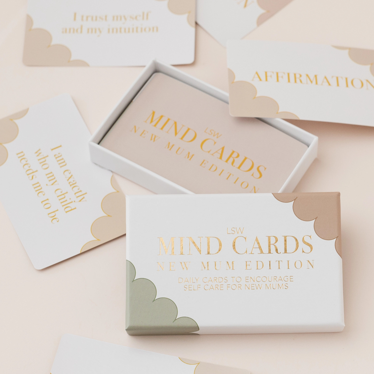 LSW London Mind Cards New Mum Edition box with pastel self-care, gratitude, affirmation and journal cards for new mums.