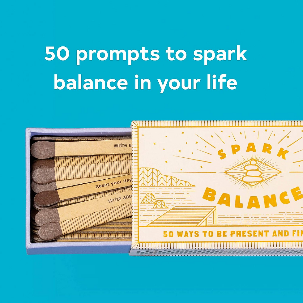 box of faux matchsticks containing 50 prompts for cultivating balance moments of