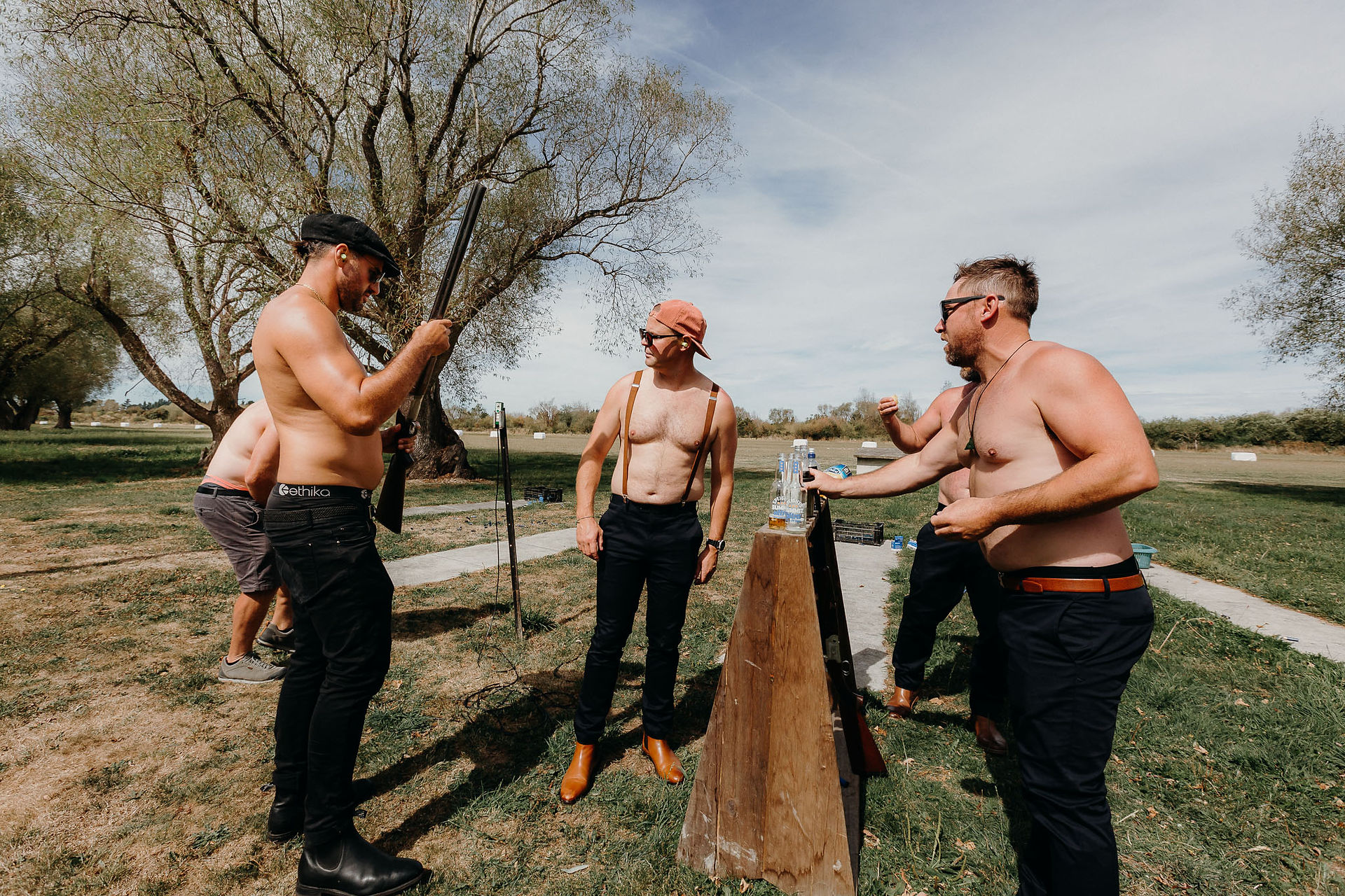 Groom and groomsmen clay bird shooting before their Canterbury wedding