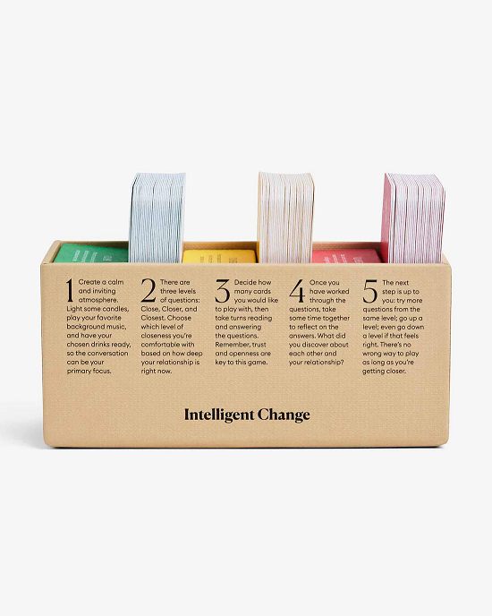 Thumbnail: beige box of colourful prompt cards from conversation game lets get closer - family edition