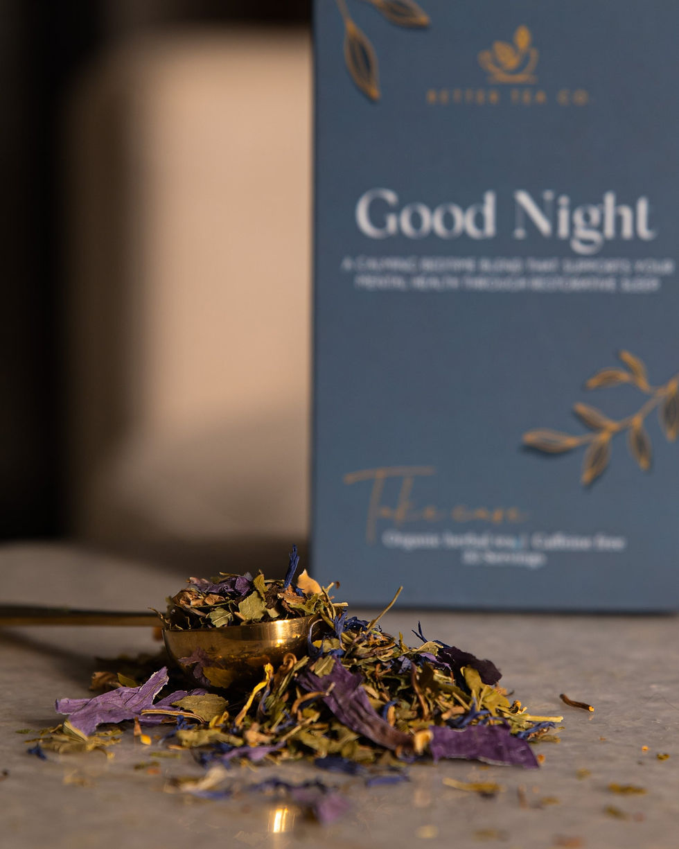 Thumbnail: blue box of goodnight loose leaf tea with tea scattered about
