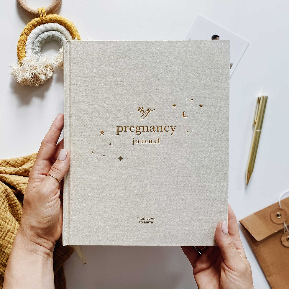 Thumbnail: pregnancy journal in pearl covering with gold foil details