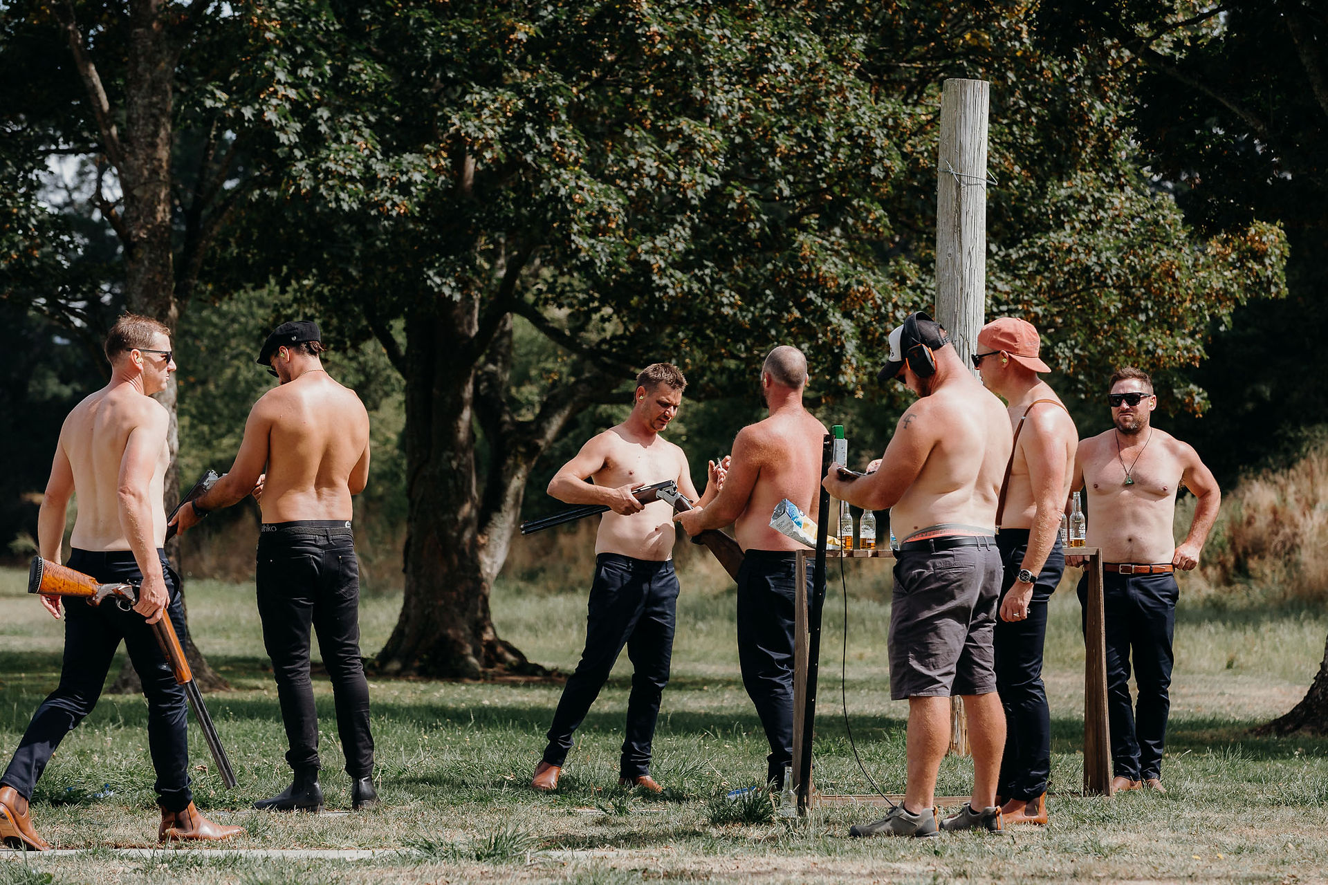 Groom and groomsmen clay bird shooting before their Canterbury wedding