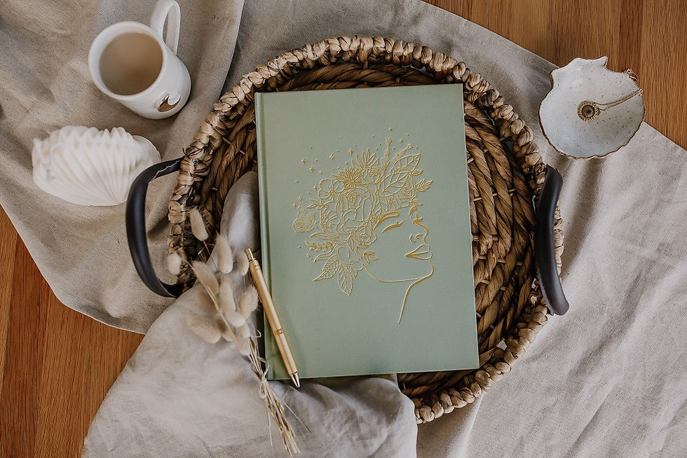 Thumbnail: FRONT HARDCOVER OF THE JOY JOURNAL WITH GOLD FOIL DESIGN ON FRONT SHOWING BOOKS IN COLOUR SAGE