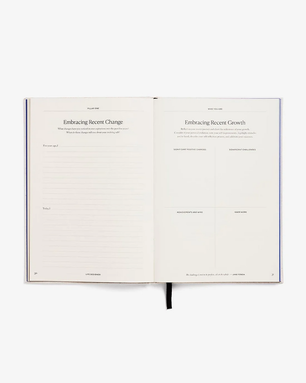 Thumbnail: Inside pages of the Life Designer Journal featuring structured prompts for self-discovery and future visioning.