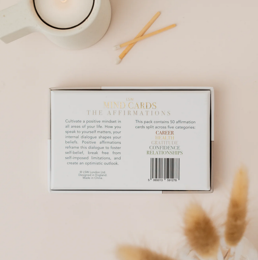 LSW London Mind Cards The Affirmations box with positive affirmation cards in soft neutral colours and gold lettering.