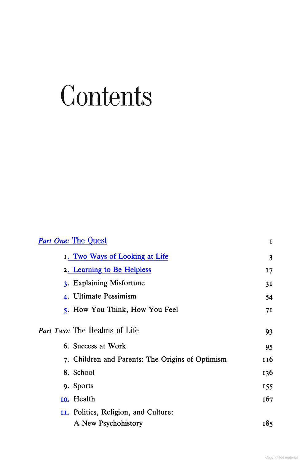 contents page of white cover with butterfly of book Learned Optimism